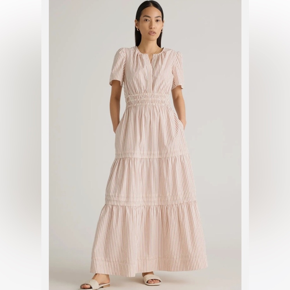 Quince Women's 100% Organic Cotton Poplin Tiered Maxi Dress Terracotta Stripe